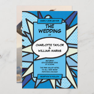 Modern Fun Blue Comic Book Photo Wedding Invitation