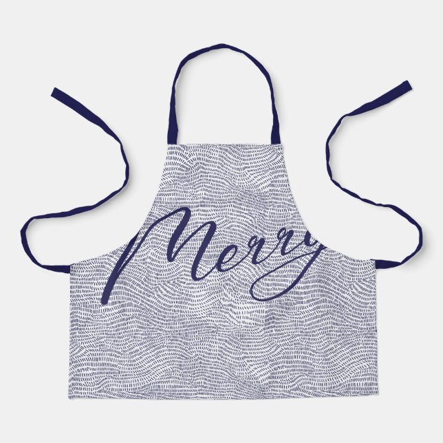 Modern Fun Blue Doodle Merry Christmas Holiday Apron (Front)