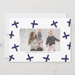 Modern Fun Border Blue & White Christmas Crosses Holiday Card