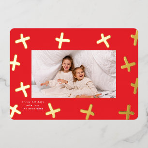 Modern Fun Border Gold & Red Christmas Crosses Foil Holiday Card