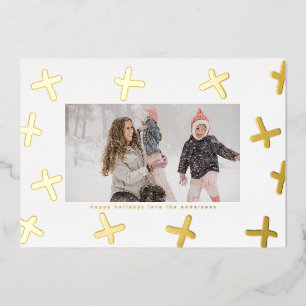 Modern Fun Border Gold & White Christmas Crosses Foil Holiday Card