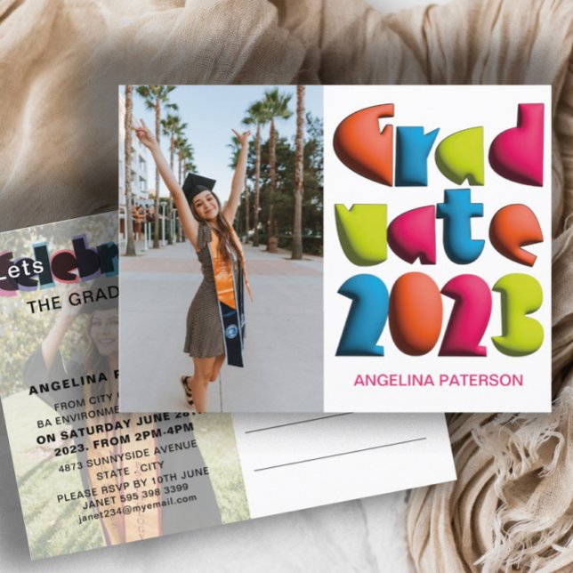 Modern Fun Bright Colour Text Graduate Party Invitation Postcard (Creator Uploaded)