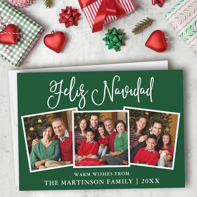 Modern Fun Calligraphy 3 Photo Feliz Navidad Green Holiday Card (Customize to add text to back of card. )
