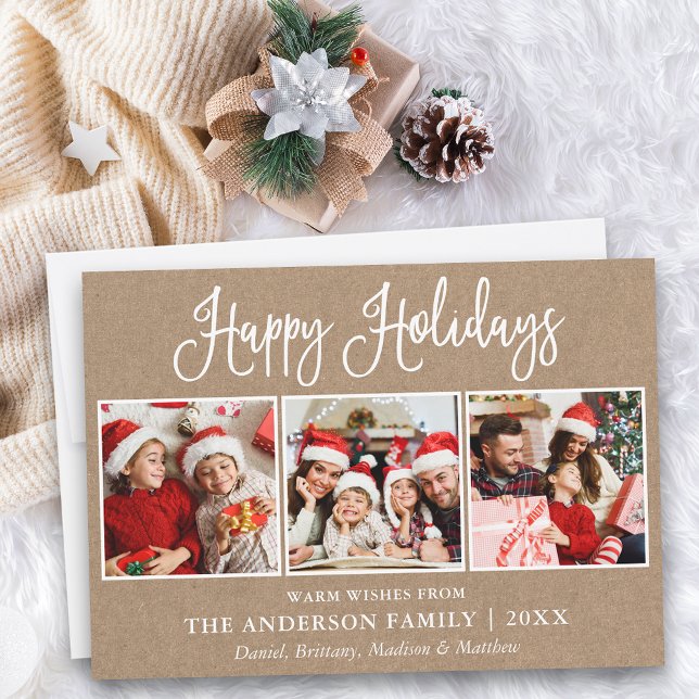 Modern Fun Calligraphy 3 Photo Kraft Holiday Card (Customize to add text to back of card.)