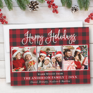 Modern Fun Calligraphy 3 Photo Plaid Holiday Card