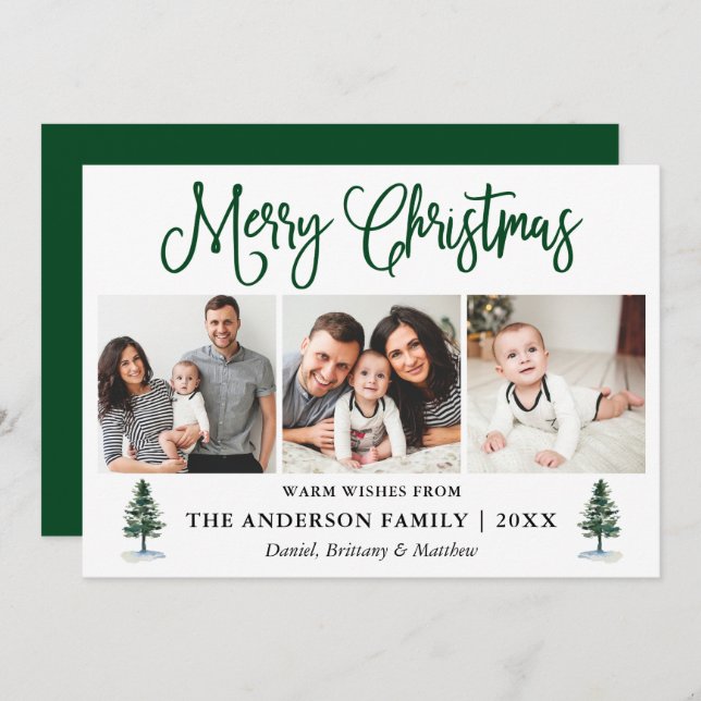 Modern Fun Calligraphy 3 Photos Pines Christmas  Holiday Card (Front/Back)