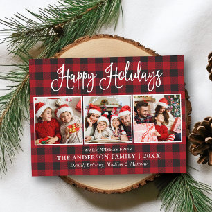 Modern Fun Calligraphy 3 Photos Plaid Holiday Postcard