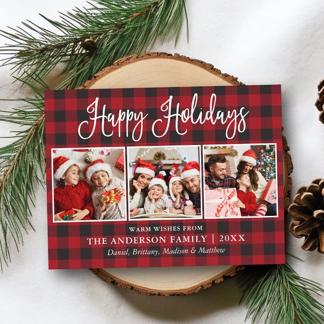 Modern Fun Calligraphy 3 Photos Plaid Holiday Postcard (Customize to change your personalized text size or text style.)