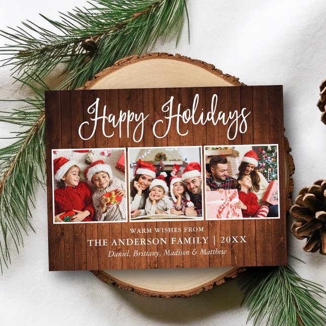 Modern Fun Calligraphy 3 Photos Wood Holiday Postcard (Customize to change your personalized text size or text style.)