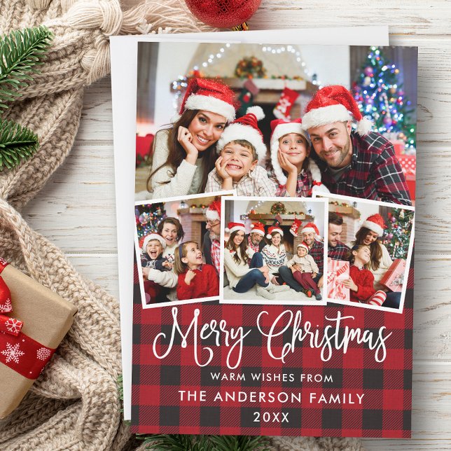 Modern Fun Calligraphy 4 Photo Christmas Red Plaid Holiday Card (Customize to add text to back of card.)