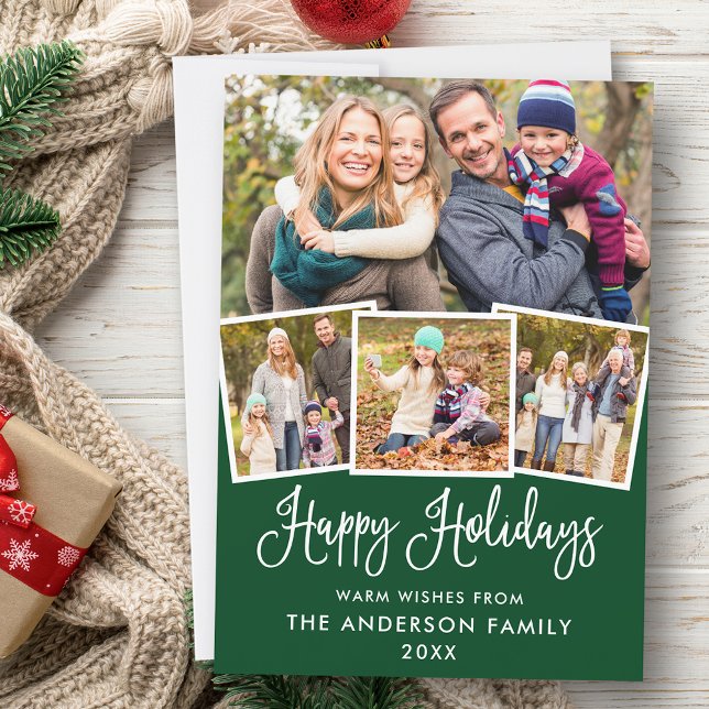 Modern Fun Calligraphy 4 Photo Green Holiday Card (Customize to add text to back of card.)
