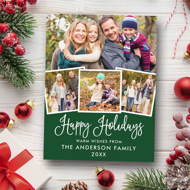 Modern Fun Calligraphy 4 Photo Green Holiday Postcard (Customize to change your personalized text size or text style.)