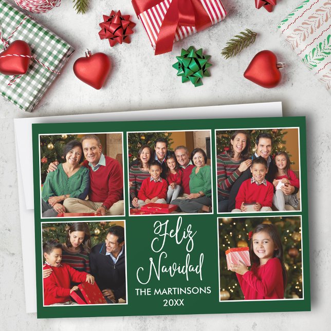 Modern Fun Calligraphy 5 Photo Feliz Navidad Green Holiday Card (Customize to add text to back of card.)