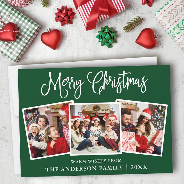 Modern Fun Calligraphy Christmas 3 Photo Green Holiday Card (Customize to add text to back of card or to change background color of card.)