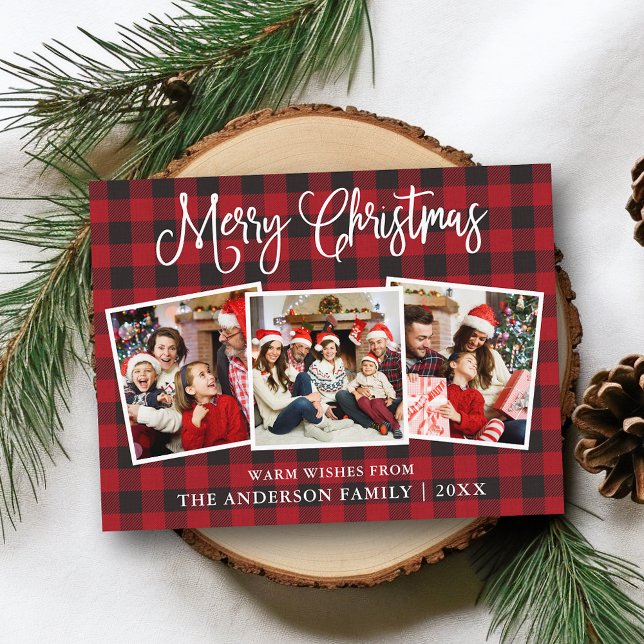 Modern Fun Calligraphy Christmas 3 Photos Plaid Postcard (Customize to change your personalized text size or text style.)