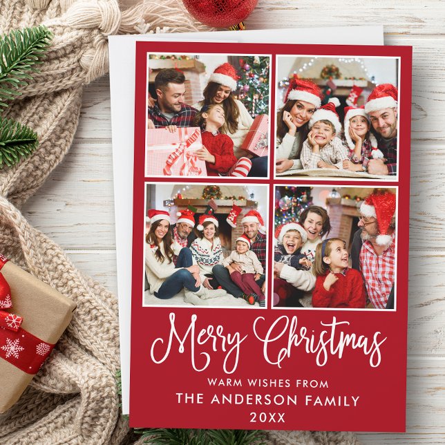 Modern Fun Calligraphy Christmas 4 Photos Red Holiday Card (Customize to add text to back of card.)