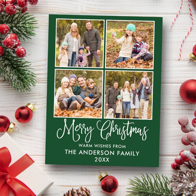 Modern Fun Calligraphy Christmas Green 4 Photo Postcard (Customize to change your personalized text size or text style.)