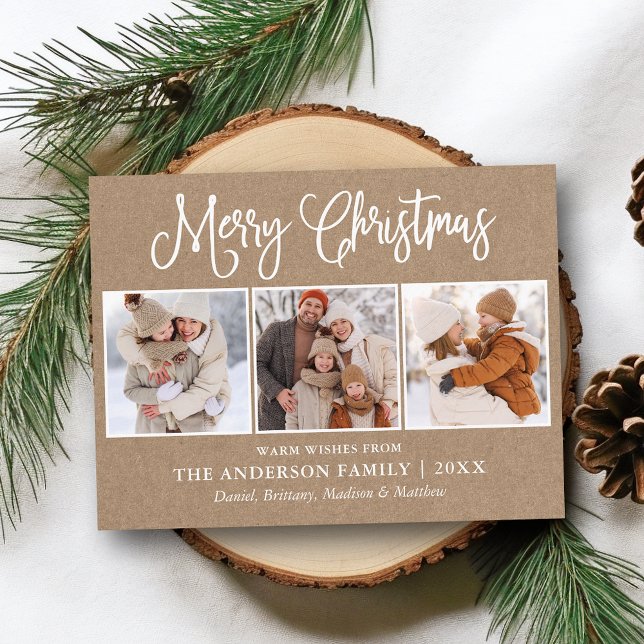 Modern Fun Calligraphy Christmas Kraft 3 Photo Postcard (Customize to change your personalized text size or text style.)