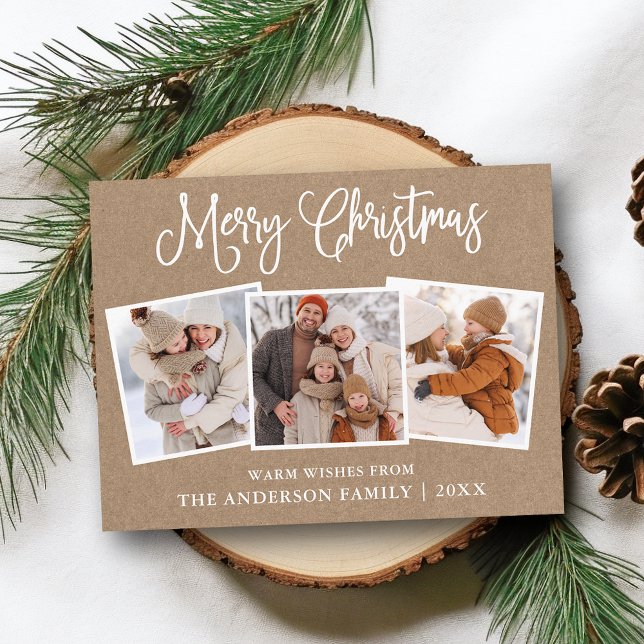 Modern Fun Calligraphy Christmas Kraft 3 Photos Postcard (Customize to change your personalized text size or text style.)