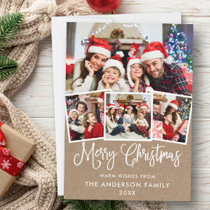 Modern Fun Calligraphy Christmas Kraft 4 Photo Holiday Card