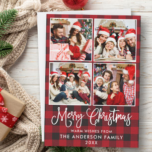 Modern Fun Calligraphy Christmas Plaid 4 Photos Holiday Card