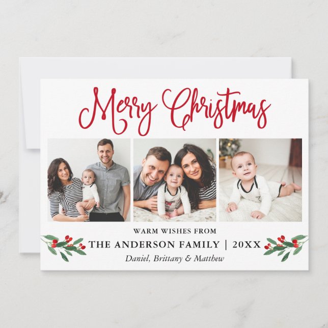 Modern Fun Calligraphy Christmas Red Holly 3 Photo Holiday Card (Front)