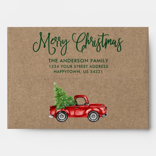 Modern Fun Calligraphy Christmas Truck Kraft Style Envelope (Back (Top Flap))