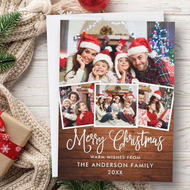 Modern Fun Calligraphy Christmas Wood 4 Photo Holiday Card (Customize to add text to back of card.)