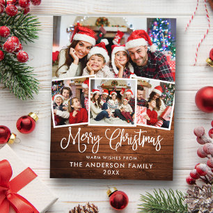 Modern Fun Calligraphy Christmas Wood 4 Photo Postcard