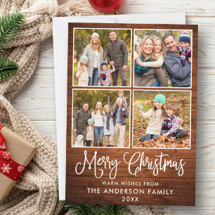 Modern Fun Calligraphy Christmas Wood 4 Photos Holiday Card