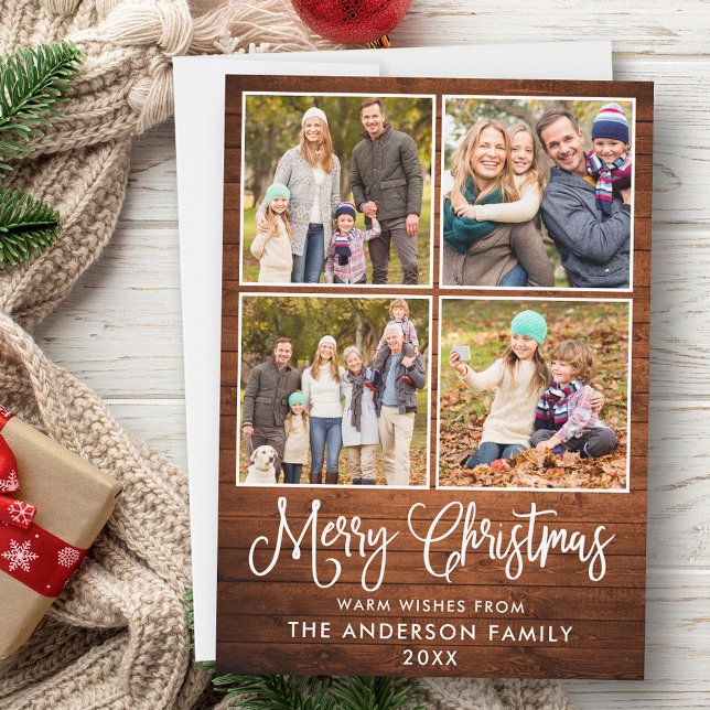 Modern Fun Calligraphy Christmas Wood 4 Photos Holiday Card (Customize to add text to back of card.)