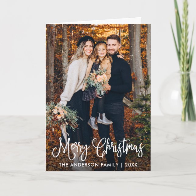 Modern Fun Calligraphy Family Photo Christmas Fold Holiday Card (Front)