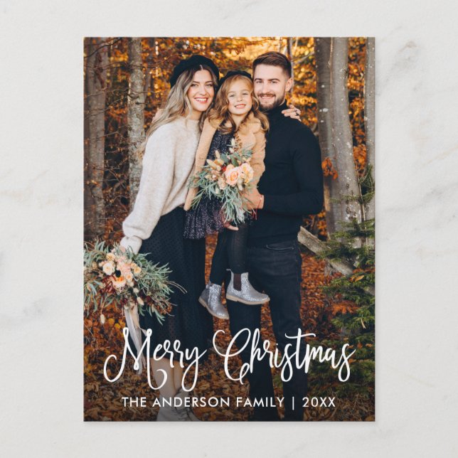 Modern Fun Calligraphy Family Photo Christmas Postcard (Front)