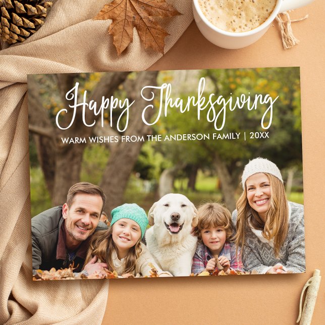Modern Fun Calligraphy Family Photo Thanksgiving Postcard (Customize to change your personalized text size or text style.)