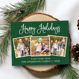 Modern Fun Calligraphy Green 3 Photo Holiday Postcard