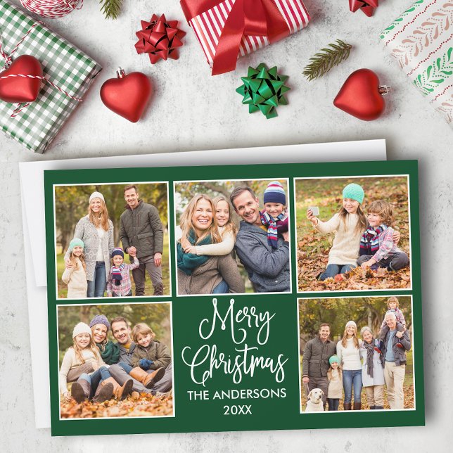Modern Fun Calligraphy Green 5 Photo Christmas Holiday Card (Customize to add text to back of card or to change background color of card.)