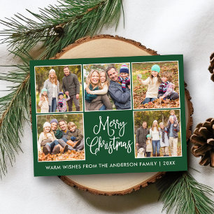 Modern Fun Calligraphy Green 5 Photo Christmas Postcard