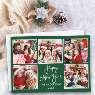 Modern Fun Calligraphy Green 5 Photo New Year Holiday Card