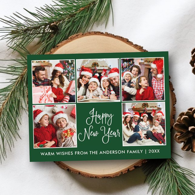 Modern Fun Calligraphy Green 5 Photo New Year Postcard (Customize to change your personalized text size or text style.)