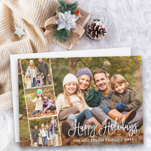 Modern Fun Calligraphy Happy Holidays 4 Photo Holiday Card