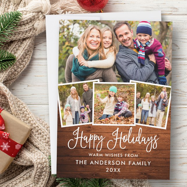 Modern Fun Calligraphy Happy Holidays Wood 4 Photo Holiday Card (Customize to add text to back of card.)