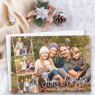 Modern Fun Calligraphy Happy New Year 4 Photo Holiday Card