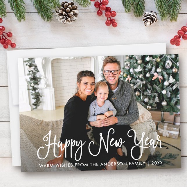 Modern Fun Calligraphy Happy New Year Family Photo Holiday Card (Customize to add text to back of card.)
