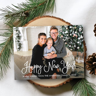 Modern Fun Calligraphy Happy New Year Family Photo Postcard