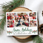 Modern Fun Calligraphy Holly 5 Photo Holiday Postcard<br><div class="desc">Modern Fun Calligraphy Script 5 Photo Family Photo Collage Happy Holidays Postcard includes Watercolor Christmas Holly Berries - Green Script</div>