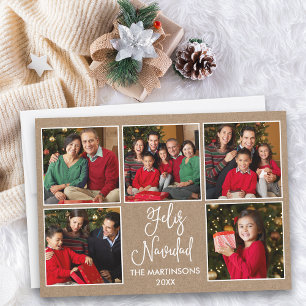 Modern Fun Calligraphy Kraft 5 Photo Feliz Navidad Holiday Card