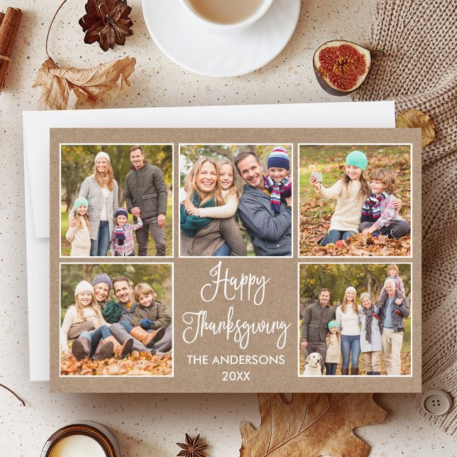 Modern Fun Calligraphy Kraft 5 Photo Thanksgiving Holiday Card (Customize to add more text or photos to back of card.)