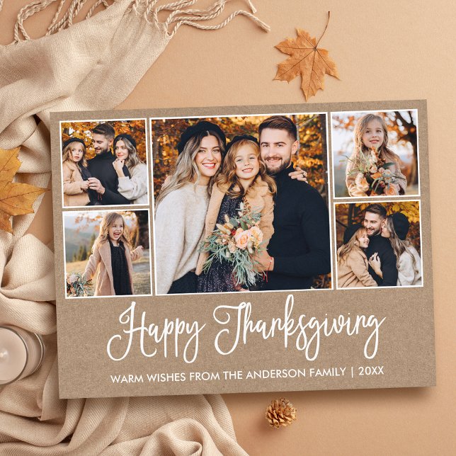 Modern Fun Calligraphy Kraft 5 Photos Thanksgiving Postcard (Customize to change your personalized text size or text style.)