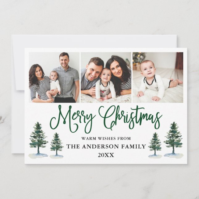 Modern Fun Calligraphy Pines 3 Photo Christmas Holiday Card (Front)