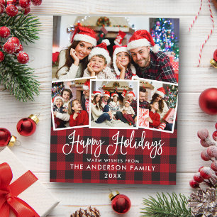Modern Fun Calligraphy Plaid 4 Photo Holiday Postcard